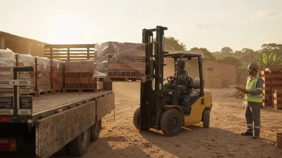 Empilhadeira colocando um pallet de tijolos no caminhão no pátio da cerâmica